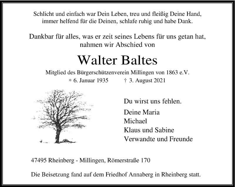 Traueranzeige Walter Baltes